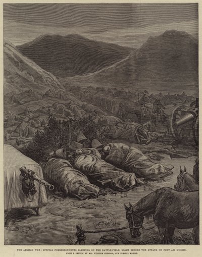 De Afghaanse Oorlog, speciale correspondenten slapen op het slagveld, nacht voor de aanval op Fort Ali Musjid door William Crimea Simpson